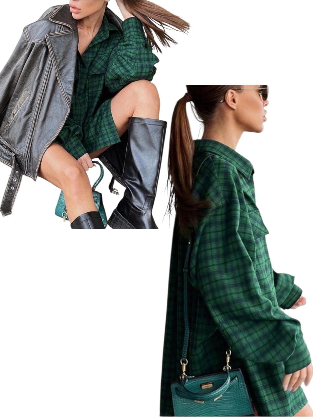 Green Plaid Button-Up Shirt Dress/Tunic Length Top Sz M - Picture 3 of 9